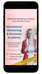 Montessori Marketing & Business Academy promotional banner: "I Built My Montessori Dream. You Can Do&nbsp;It Too!"